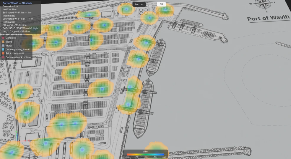 Wavifi Design workspace: Port of Wavifi in the 3D stack with the predicted Wi-Fi heatmap